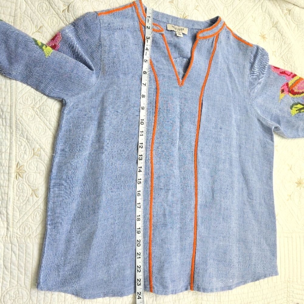 True Luxe Jeans Embroidered Popover Linen Top Sz S Floral Boho Cottage - Picture 5 of 7